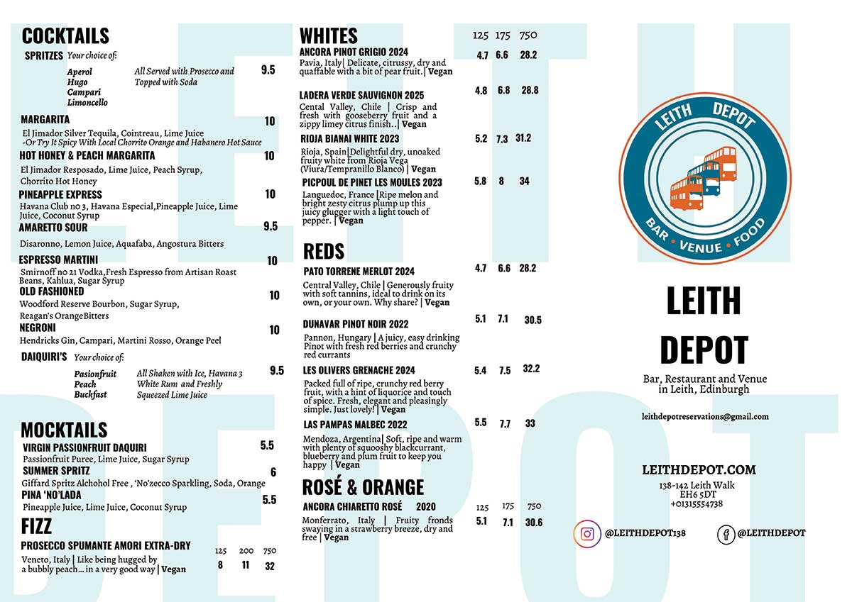 Leith Depot Food and Drinks Menu 2026